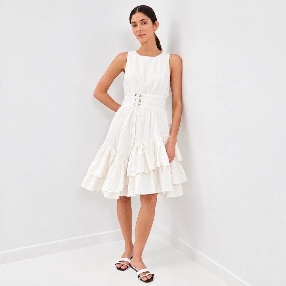 3.1 Phillip Lim White Cotton Sleeveless Ruffle Hem Dress Size 10 Asymmetrical